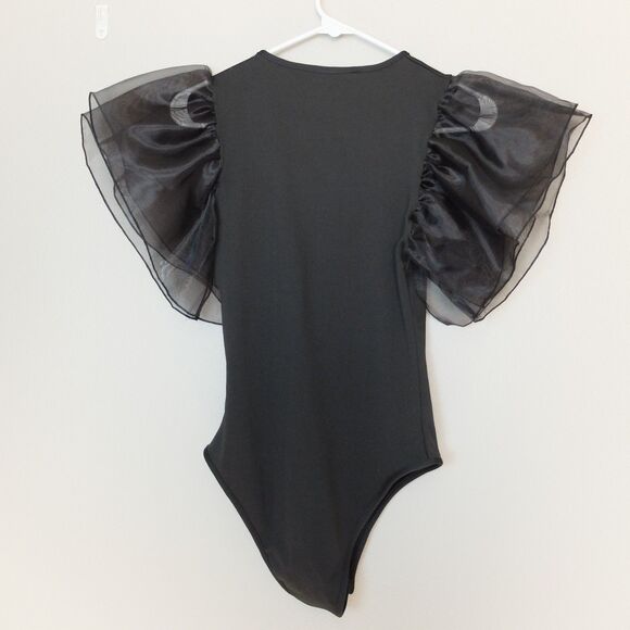 Black Sexy Flutter Sleeve Bodysuit Size Medium - Picture 11 of 12